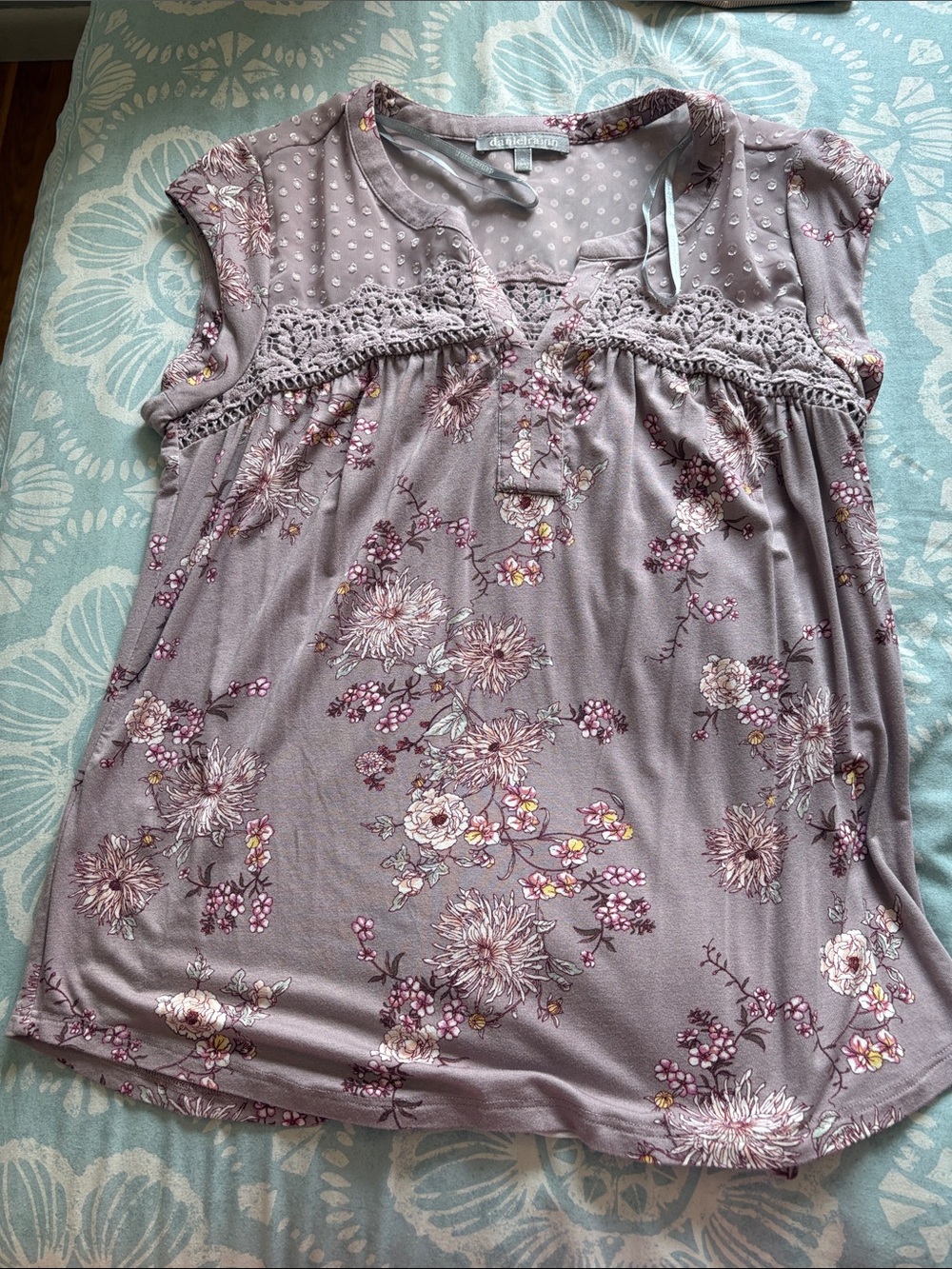Daniel Rainn Lavender Floral Crochet-Trim Blouse